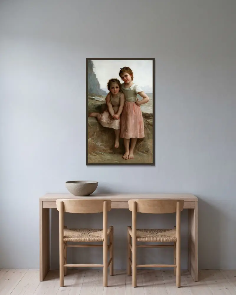 Systrar vid stranden av William Bouguereau inramad på en vägg