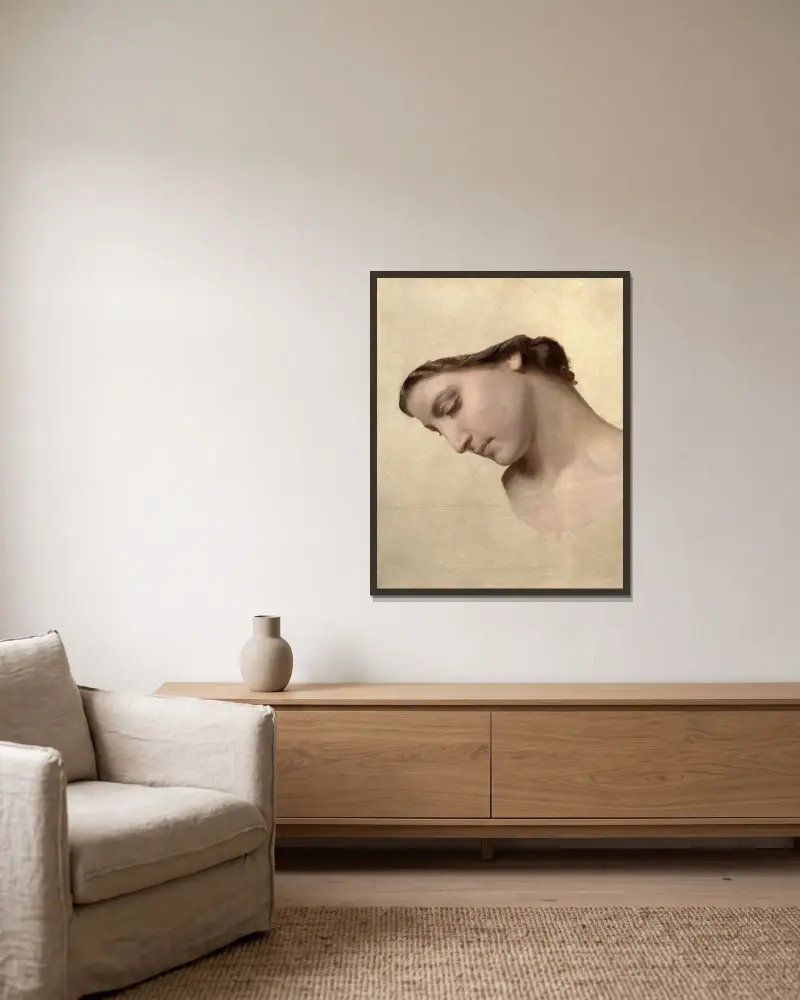 Studie av ett kvinnohuvud av William Bouguereau inramad på en vägg