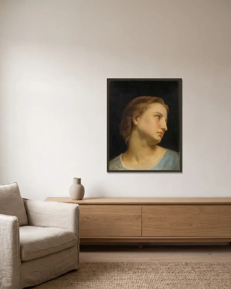 Studie av ett kvinnohuvud (Philomèle et Progné) av William Bouguereau inramad på en vägg