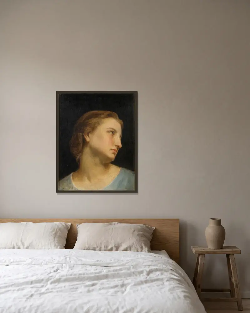 Studie av ett kvinnohuvud (Philomèle et Progné) av William Bouguereau inramad på en vägg