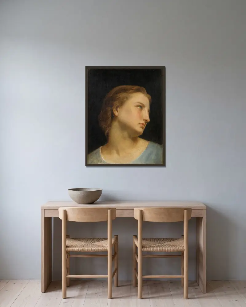Studie av ett kvinnohuvud (Philomèle et Progné) av William Bouguereau inramad på en vägg
