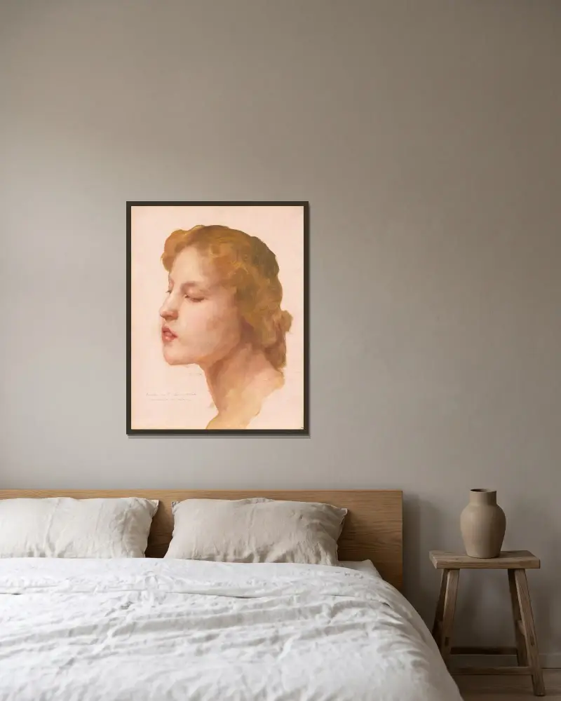 Studie av ett kvinnohuvud av William Bouguereau inramad på en vägg