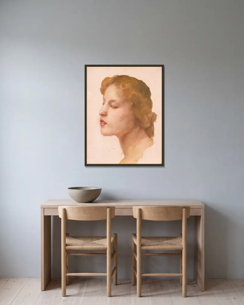 Studie av ett kvinnohuvud av William Bouguereau inramad på en vägg