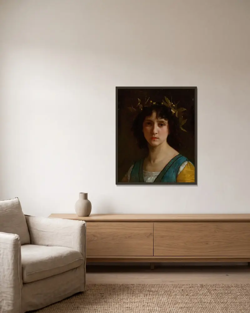Italienskt flickhuvud med lagerkrans av William Bouguereau inramad på en vägg