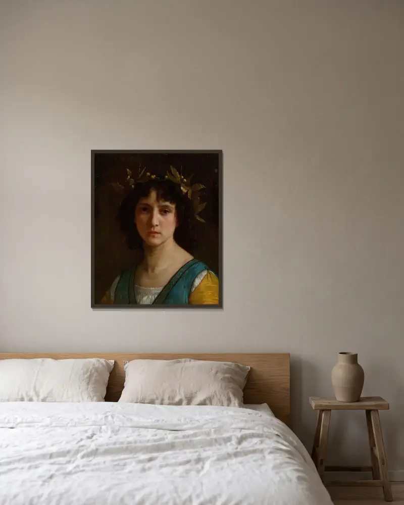 Italienskt flickhuvud med lagerkrans av William Bouguereau inramad på en vägg