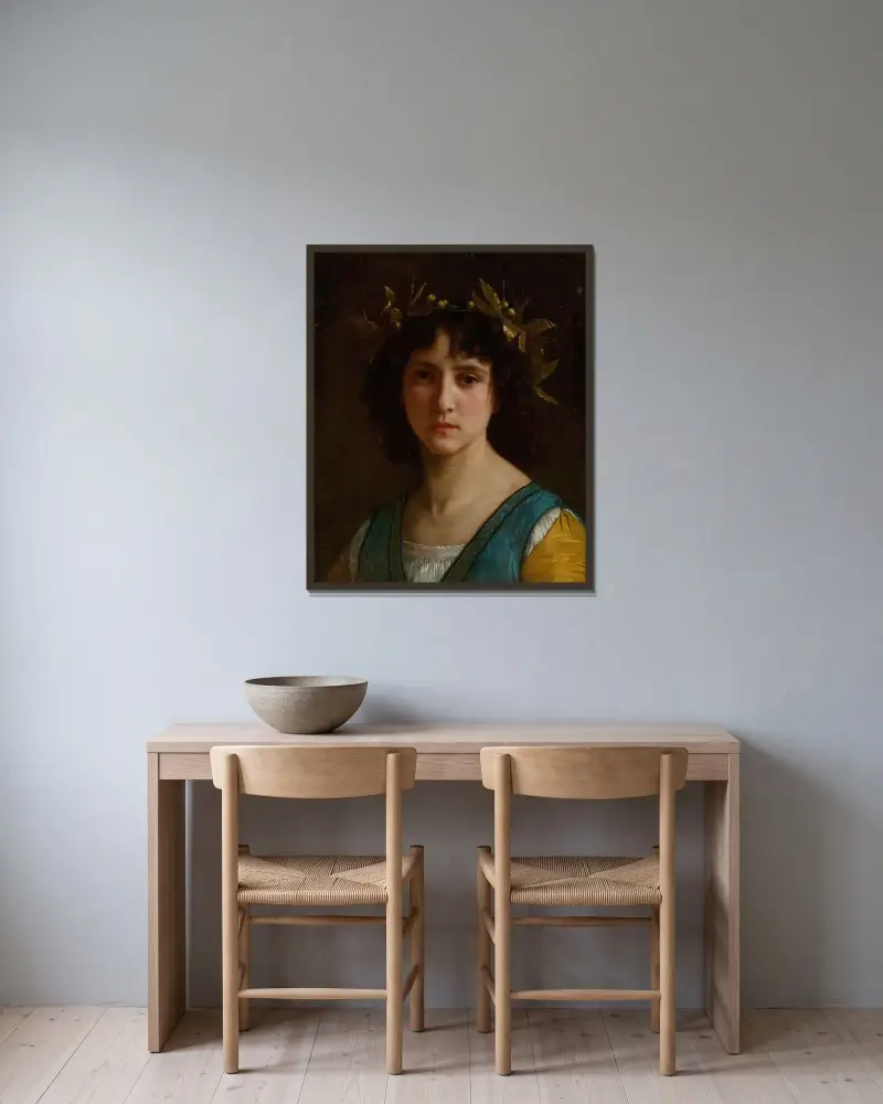 Italienskt flickhuvud med lagerkrans av William Bouguereau inramad på en vägg
