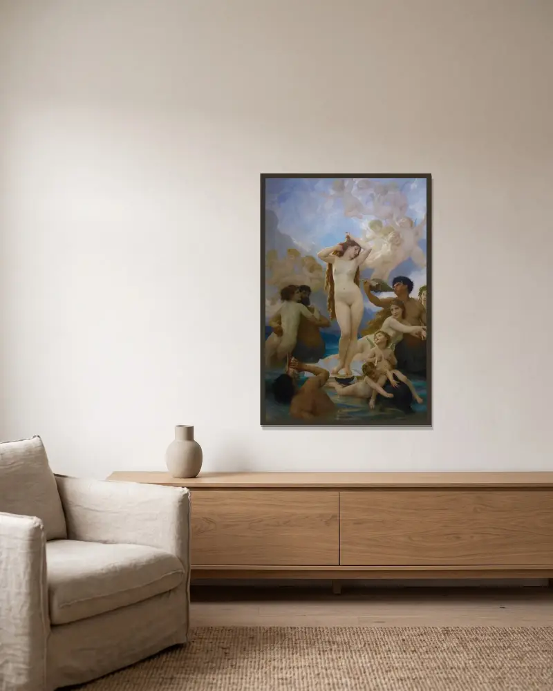 Venus födelse av William Bouguereau inramad på en vägg