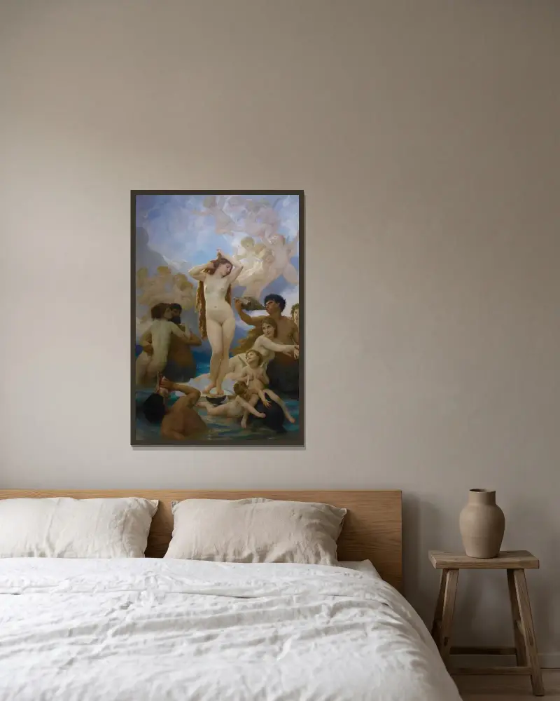 Venus födelse av William Bouguereau inramad på en vägg