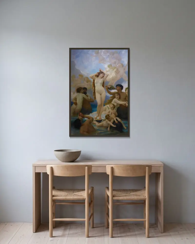 Venus födelse av William Bouguereau inramad på en vägg