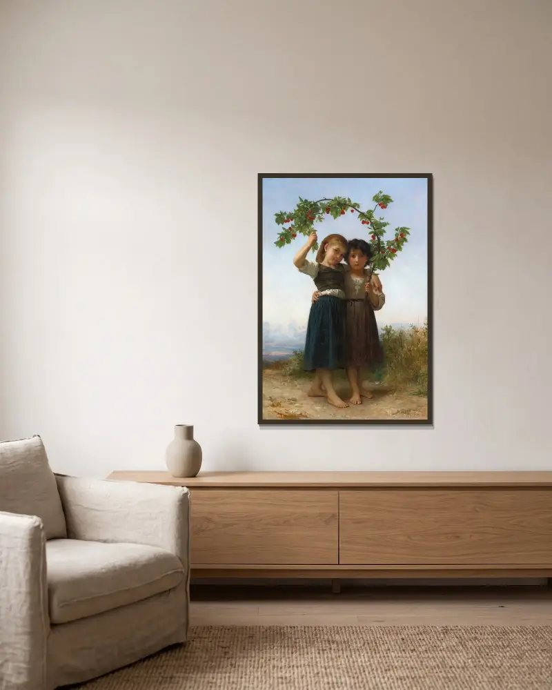 The Cherry Branch von William Bouguereau gerahmt an einer Wand