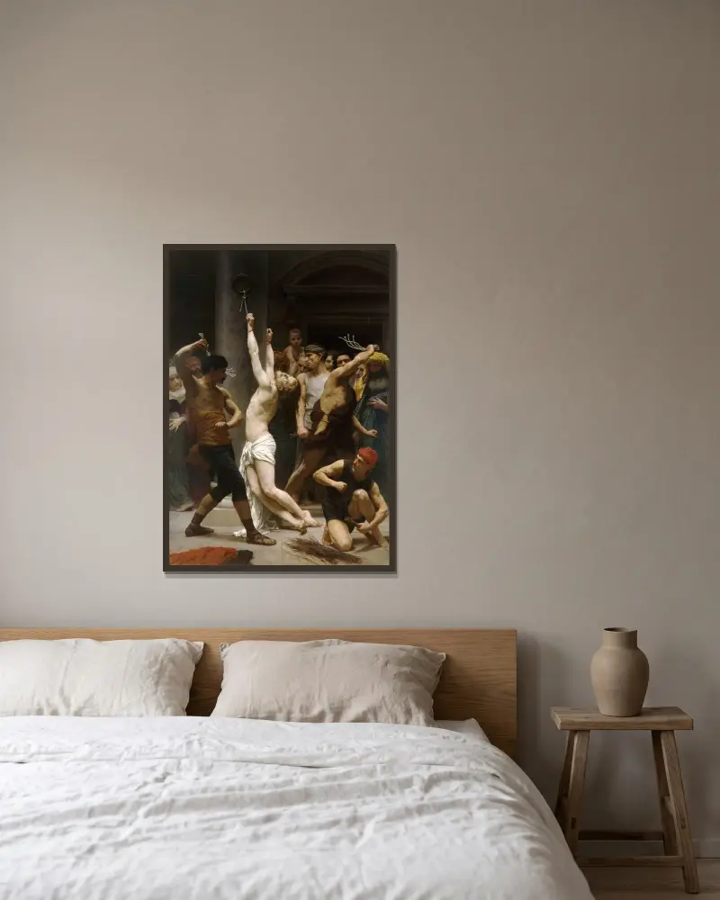 Die Geißelung unseres Herrn Jesus Christus von William Bouguereau gerahmt an einer Wand