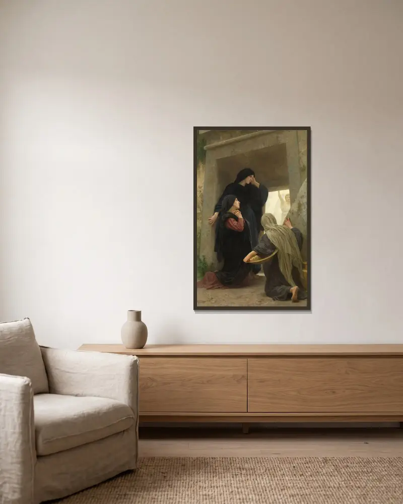 De tre Mariorna vid graven av William Bouguereau inramad på en vägg