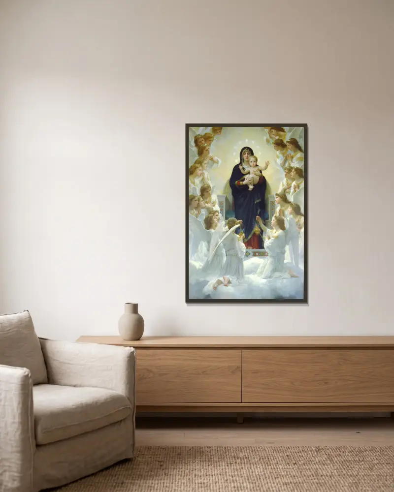 Die Jungfrau mit Engeln von William Bouguereau gerahmt an einer Wand