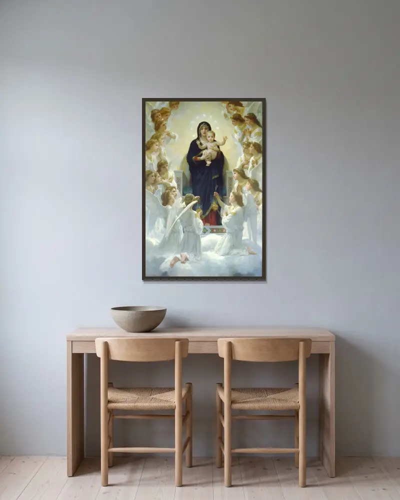 Die Jungfrau mit Engeln von William Bouguereau gerahmt an einer Wand