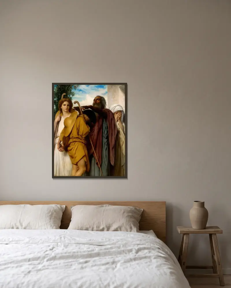 Tobias tar farväl av sin far av William Bouguereau inramad på en vägg