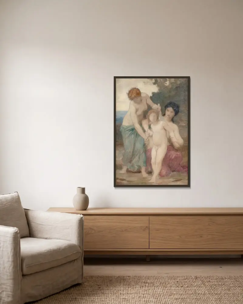 Two women & putto von William Bouguereau gerahmt an einer Wand