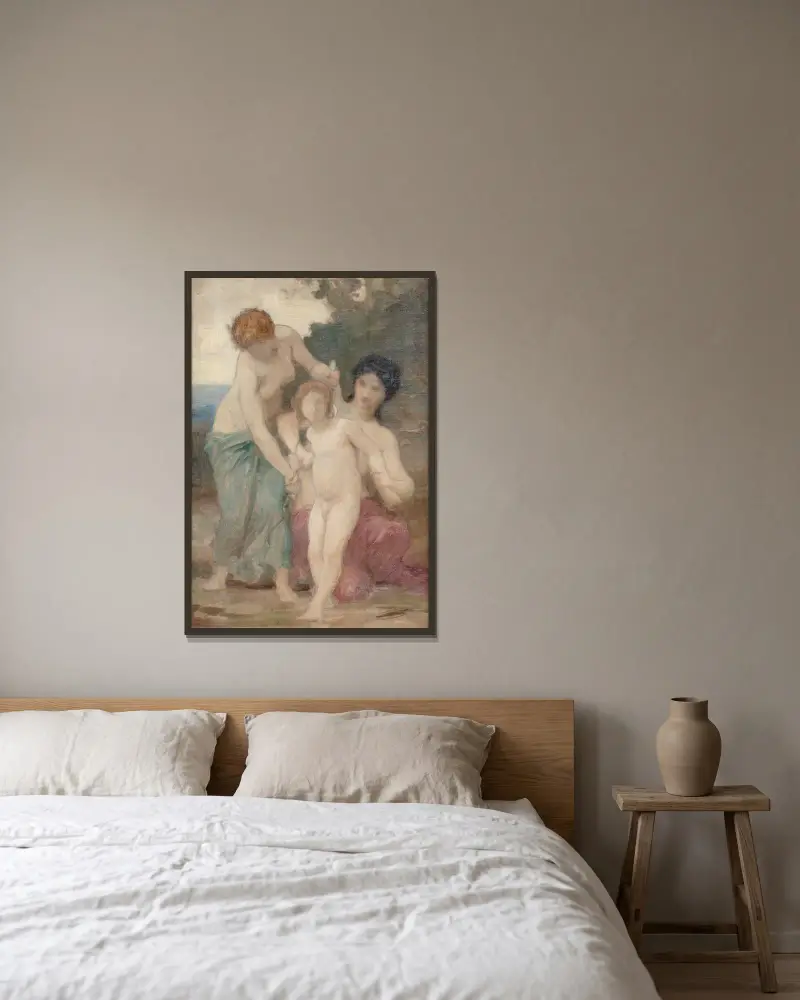 Two women & putto von William Bouguereau gerahmt an einer Wand