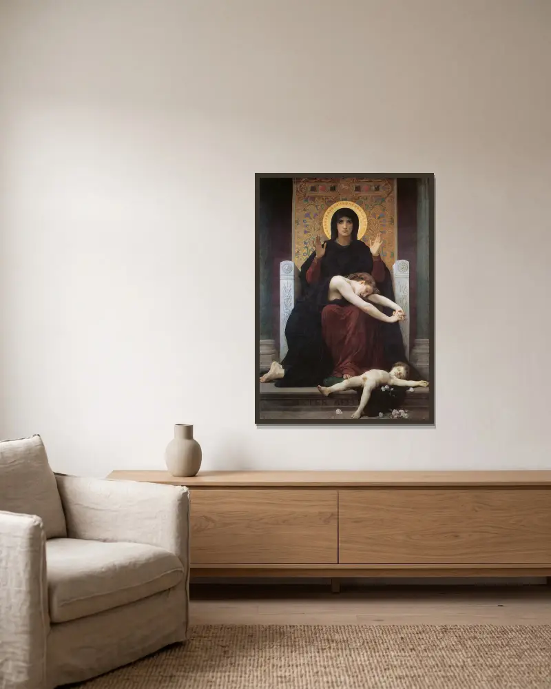Die Tröstung der heiligen Mutter von William Bouguereau gerahmt an einer Wand