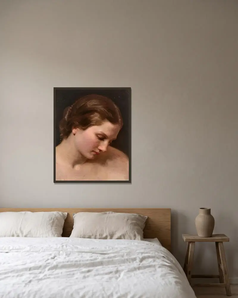 Kvinnoprofil av William Bouguereau inramad på en vägg