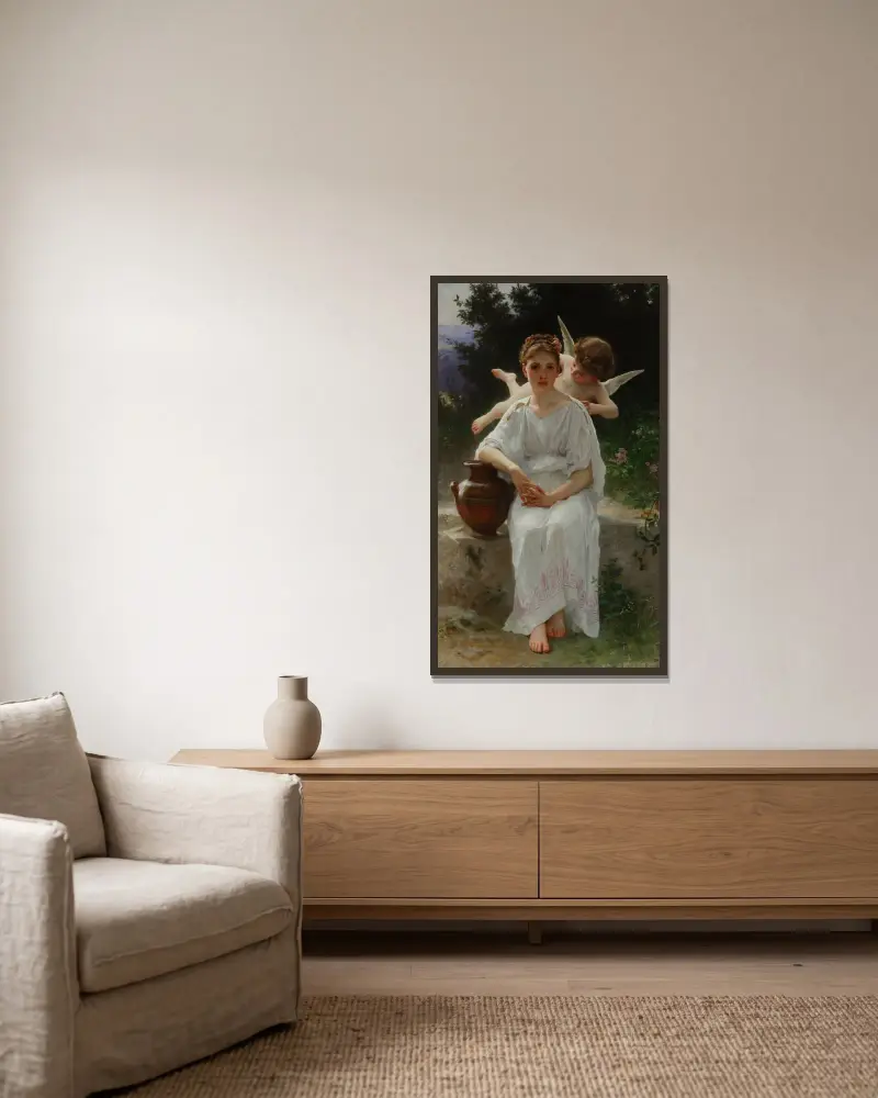 Kärlekens viskningar av William Bouguereau inramad på en vägg