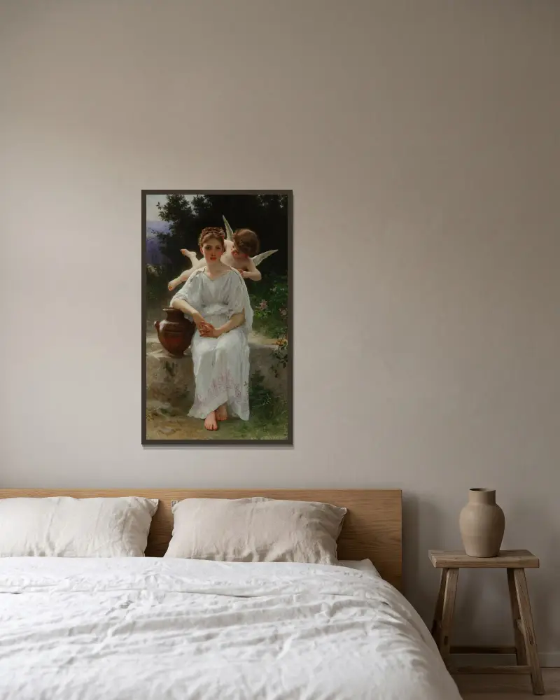 Kärlekens viskningar av William Bouguereau inramad på en vägg