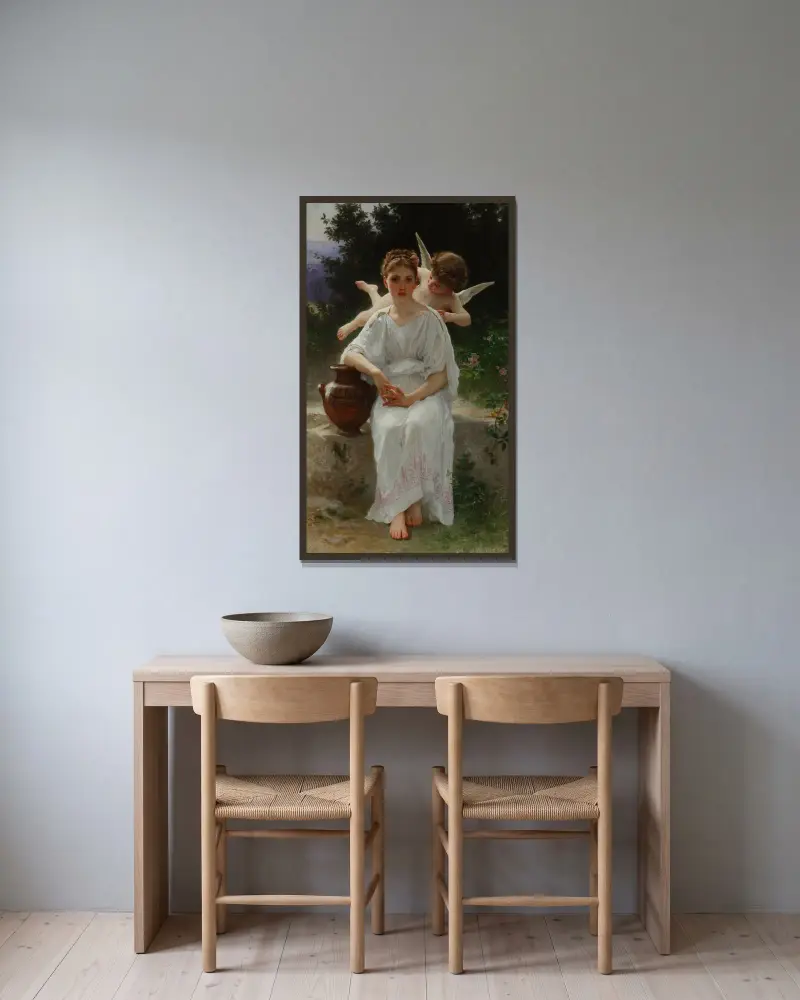 Kärlekens viskningar av William Bouguereau inramad på en vägg
