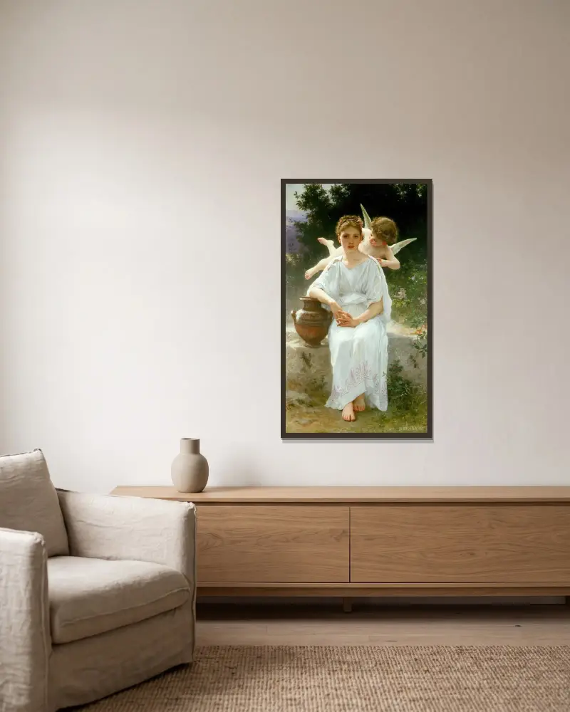 Kärlekens viskningar av William Bouguereau inramad på en vägg
