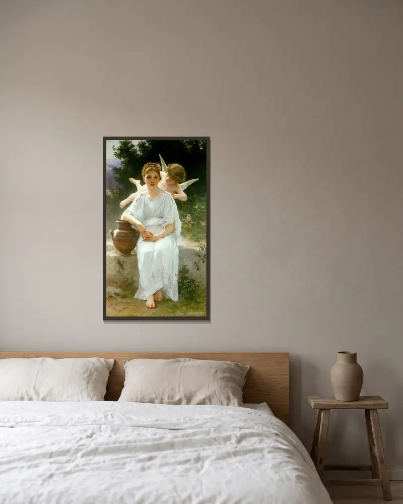 Kärlekens viskningar av William Bouguereau inramad på en vägg