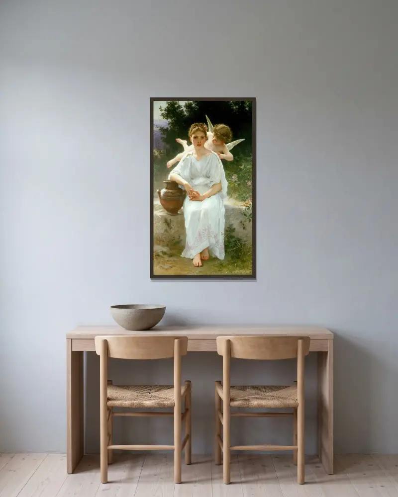 Kärlekens viskningar av William Bouguereau inramad på en vägg