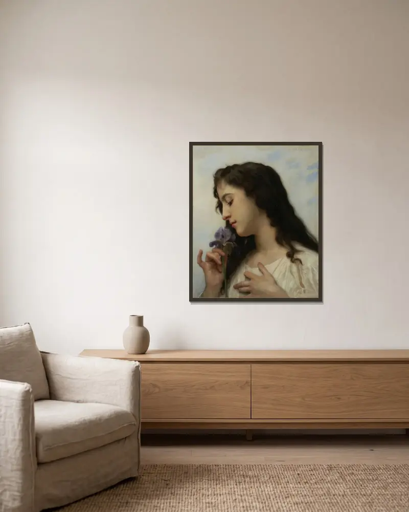 Kvinna med iris av William Bouguereau inramad på en vägg