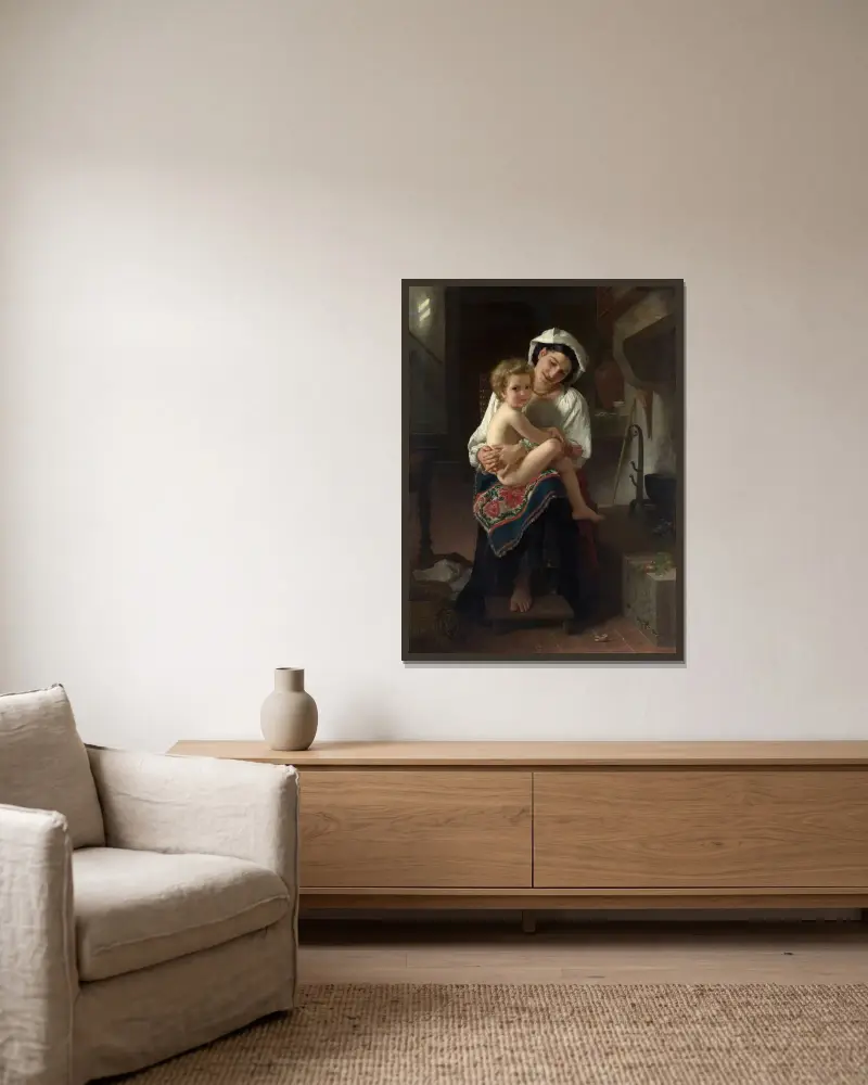 Ung mor som betraktar sitt barn av William Bouguereau inramad på en vägg