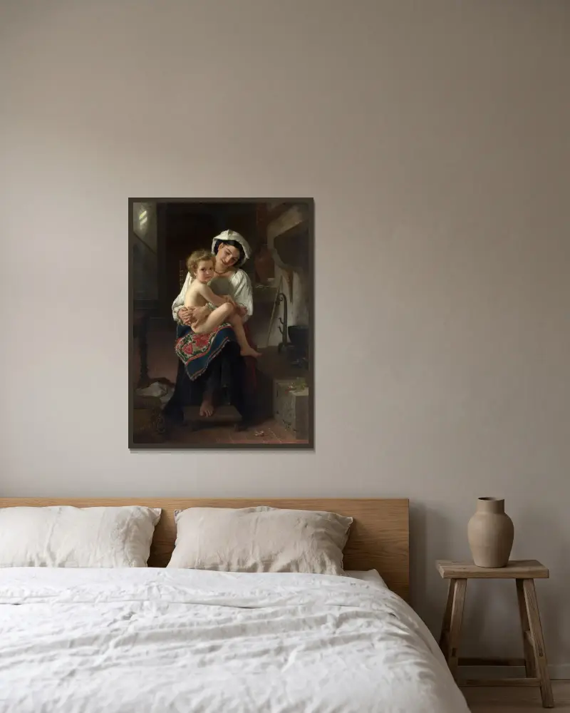 Ung mor som betraktar sitt barn av William Bouguereau inramad på en vägg
