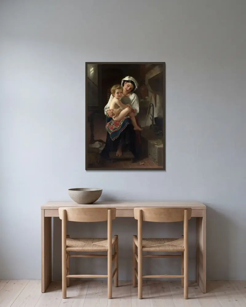 Ung mor som betraktar sitt barn av William Bouguereau inramad på en vägg