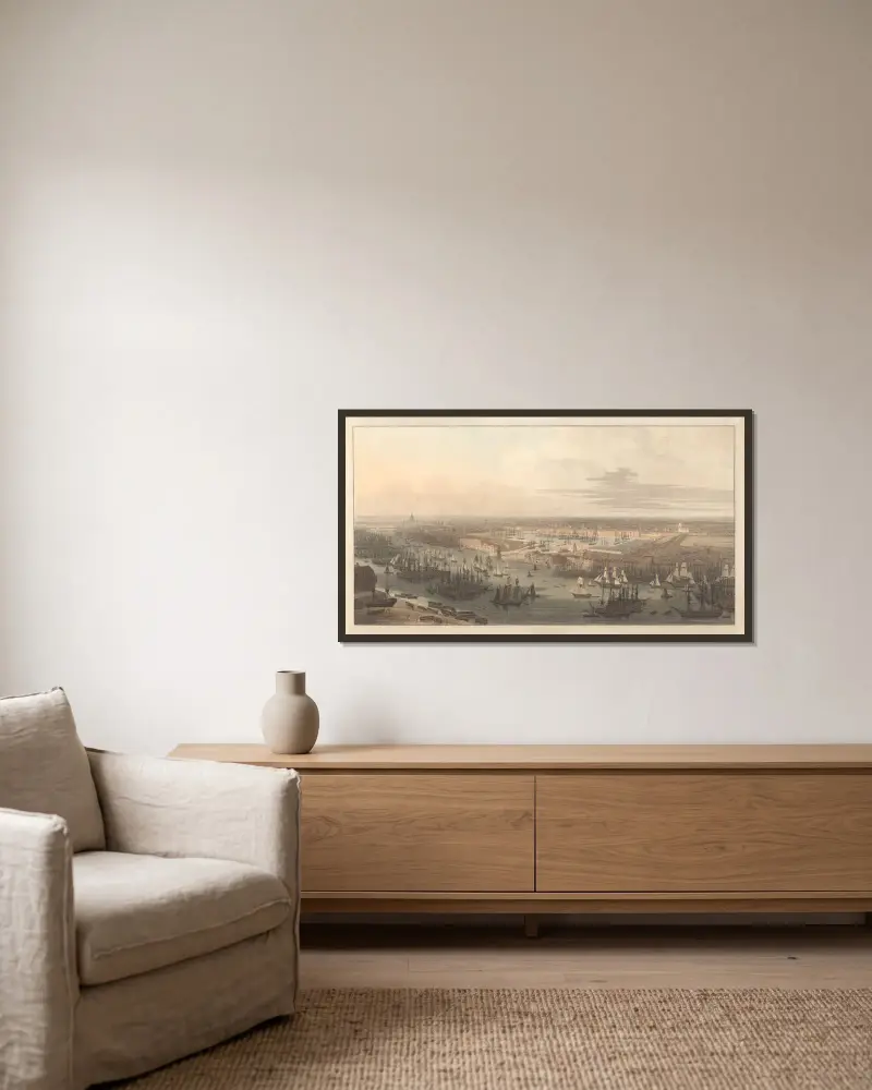 Utsikt över den nya dockan i Wapping av William Daniell inramad på en vägg