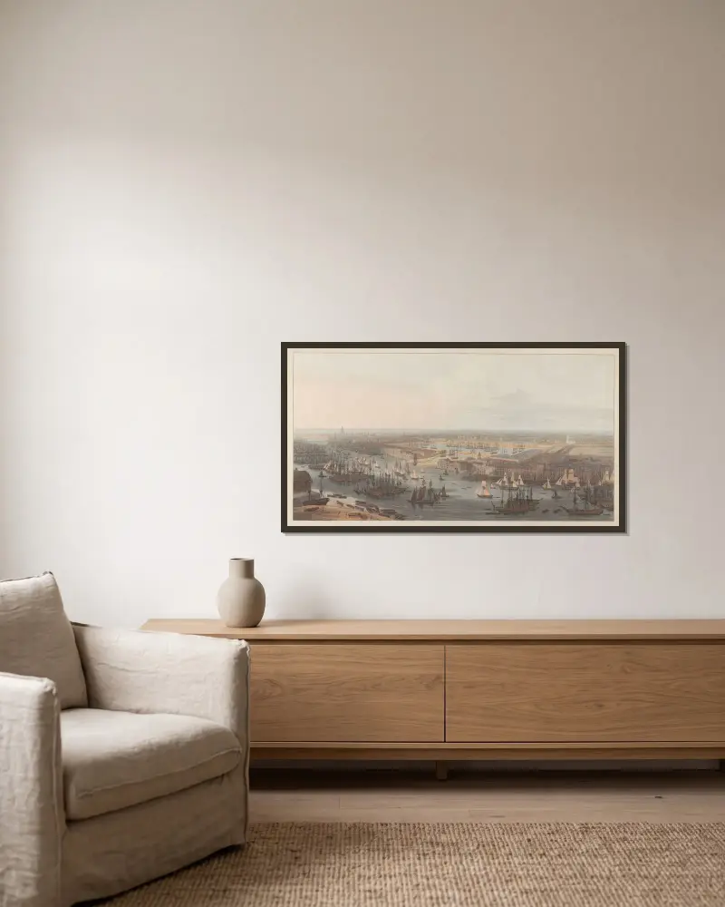 Utsikt över den nya doken i Wapping av William Daniell inramad på en vägg