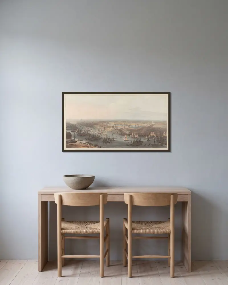 Utsikt över den nya doken i Wapping av William Daniell inramad på en vägg