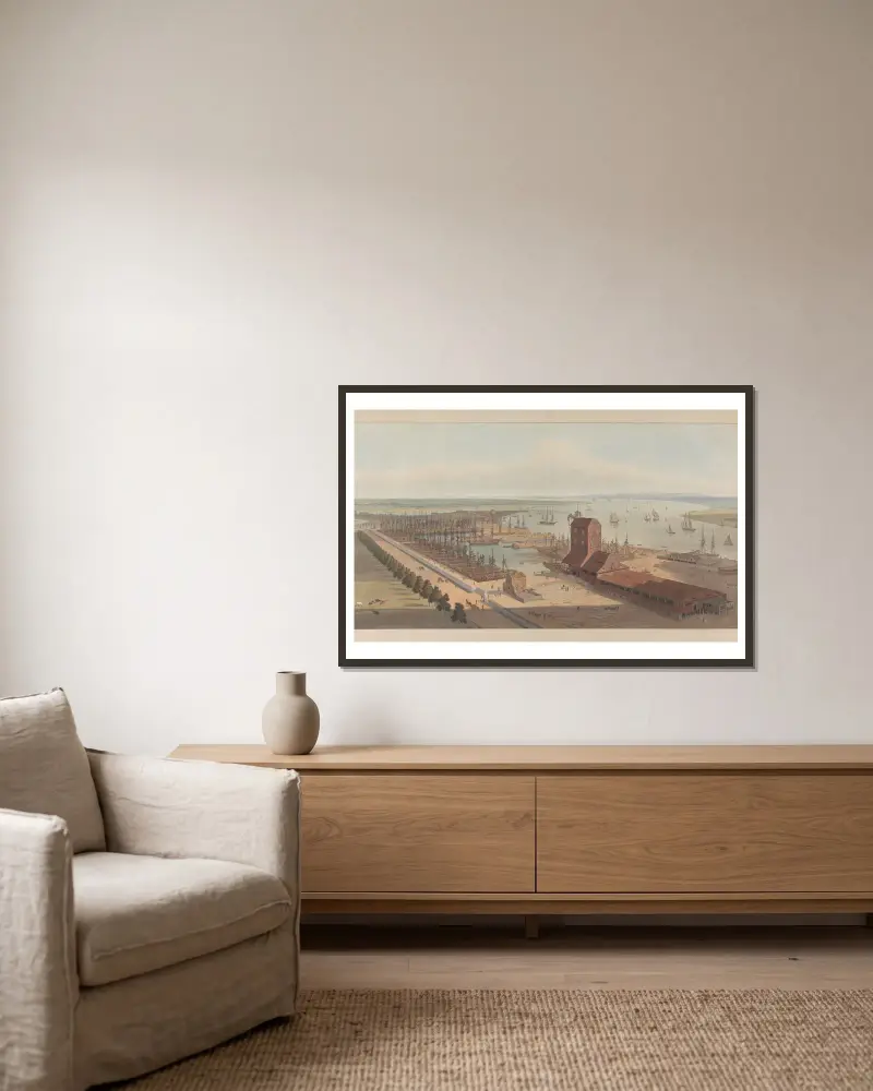 Brunswick Dock vid Themsen i Blackwall av William Daniell inramad på en vägg