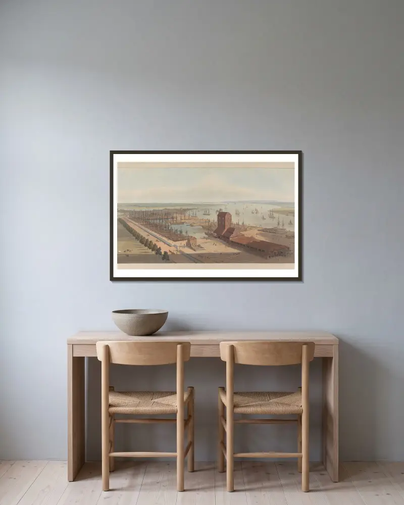 Brunswick Dock vid Themsen i Blackwall av William Daniell inramad på en vägg