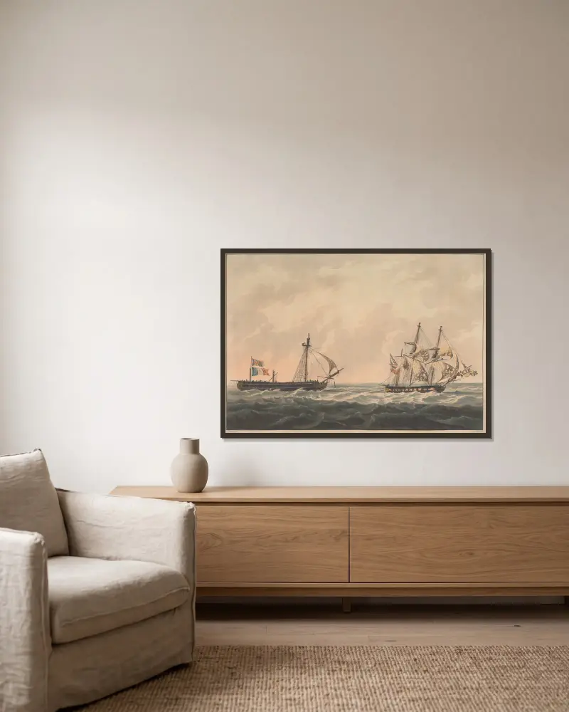 H.M.S. Sloop ‘Bonne Citoyenne’ taking the French Frigate…. av William Daniell inramad på en vägg