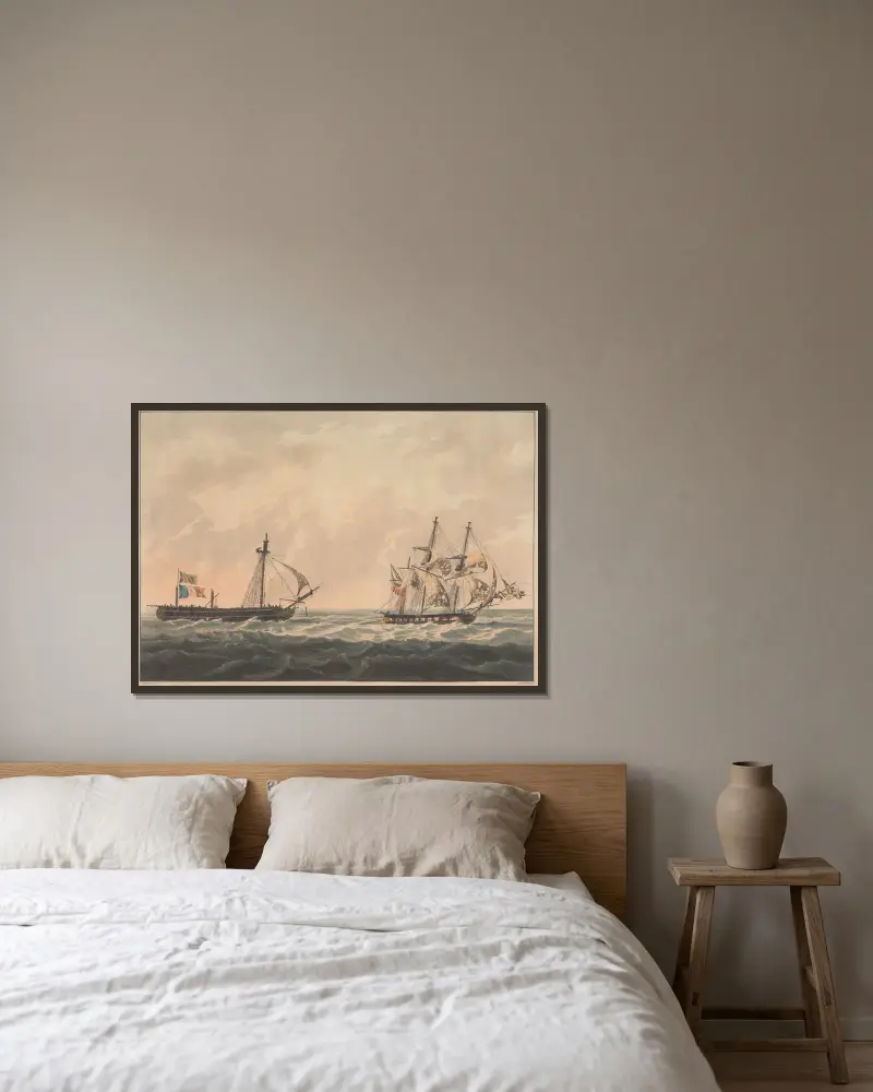 H.M.S. Sloop ‘Bonne Citoyenne’ taking the French Frigate…. av William Daniell inramad på en vägg