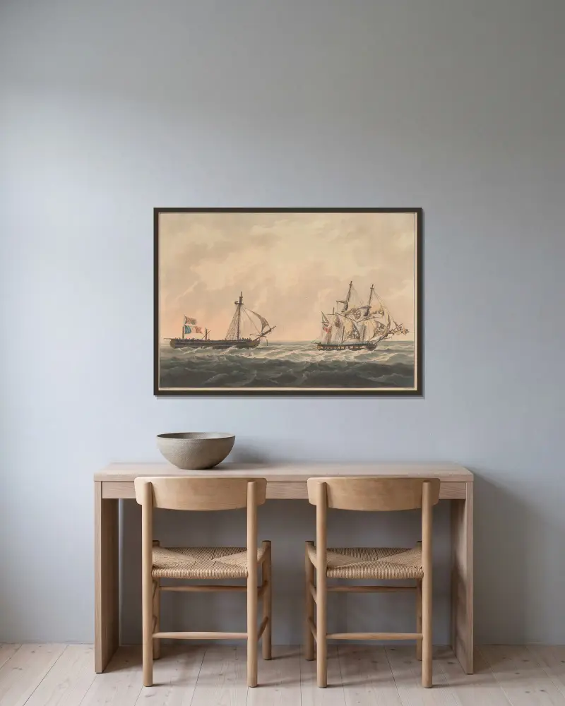 H.M.S. Sloop ‘Bonne Citoyenne’ taking the French Frigate…. av William Daniell inramad på en vägg