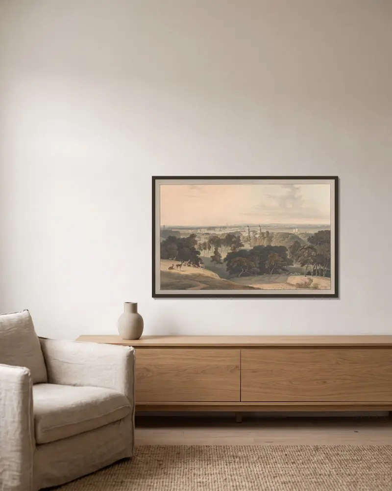 London från Greenwich Park av William Daniell inramad på en vägg