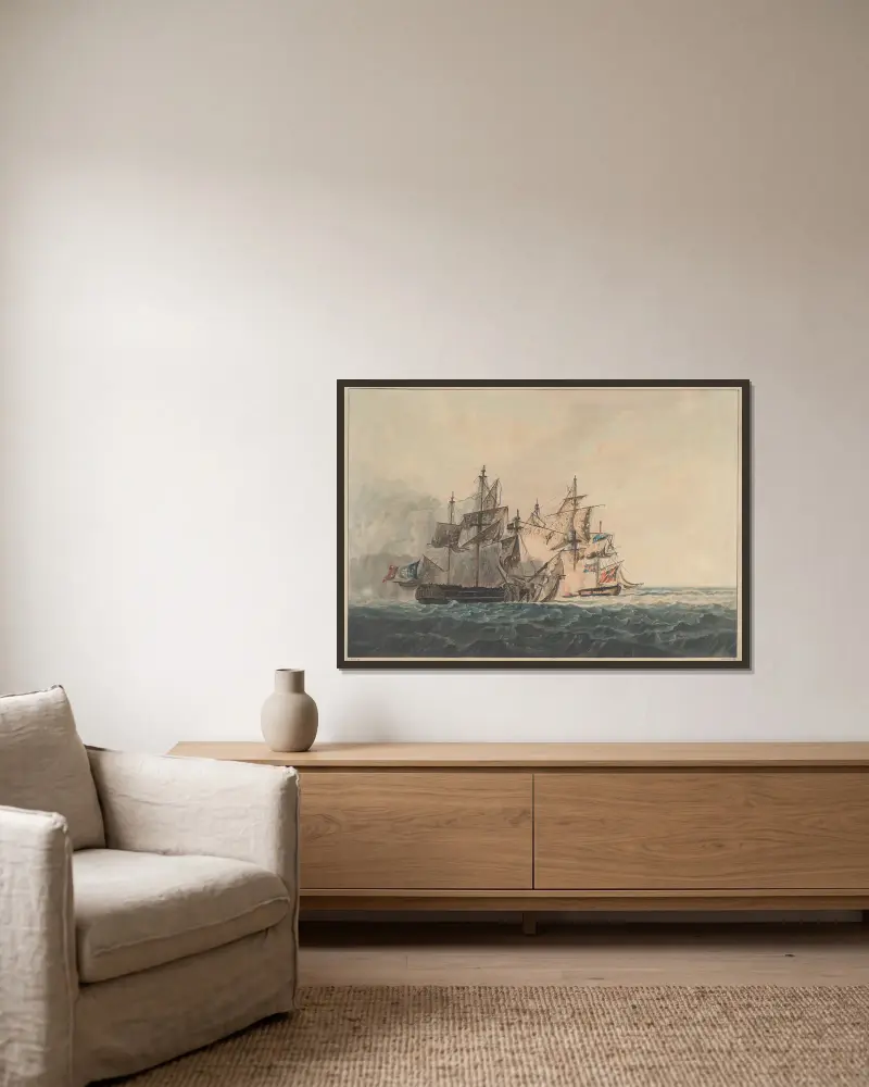 The Action between his Majesty’s Sloop ‘Bonne Citoyenne’ and the French Frigate ‘La Furieuse’ av William Daniell inramad på en vägg