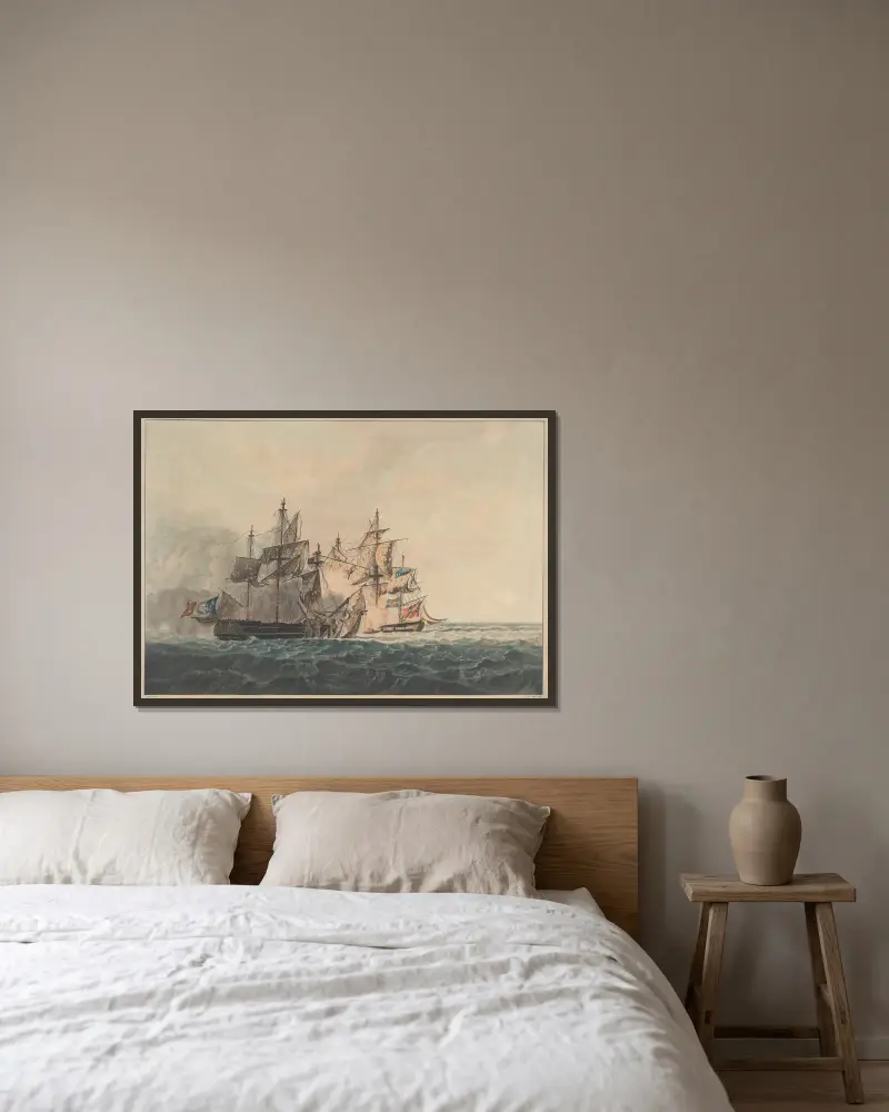 The Action between his Majesty’s Sloop ‘Bonne Citoyenne’ and the French Frigate ‘La Furieuse’ av William Daniell inramad på en vägg
