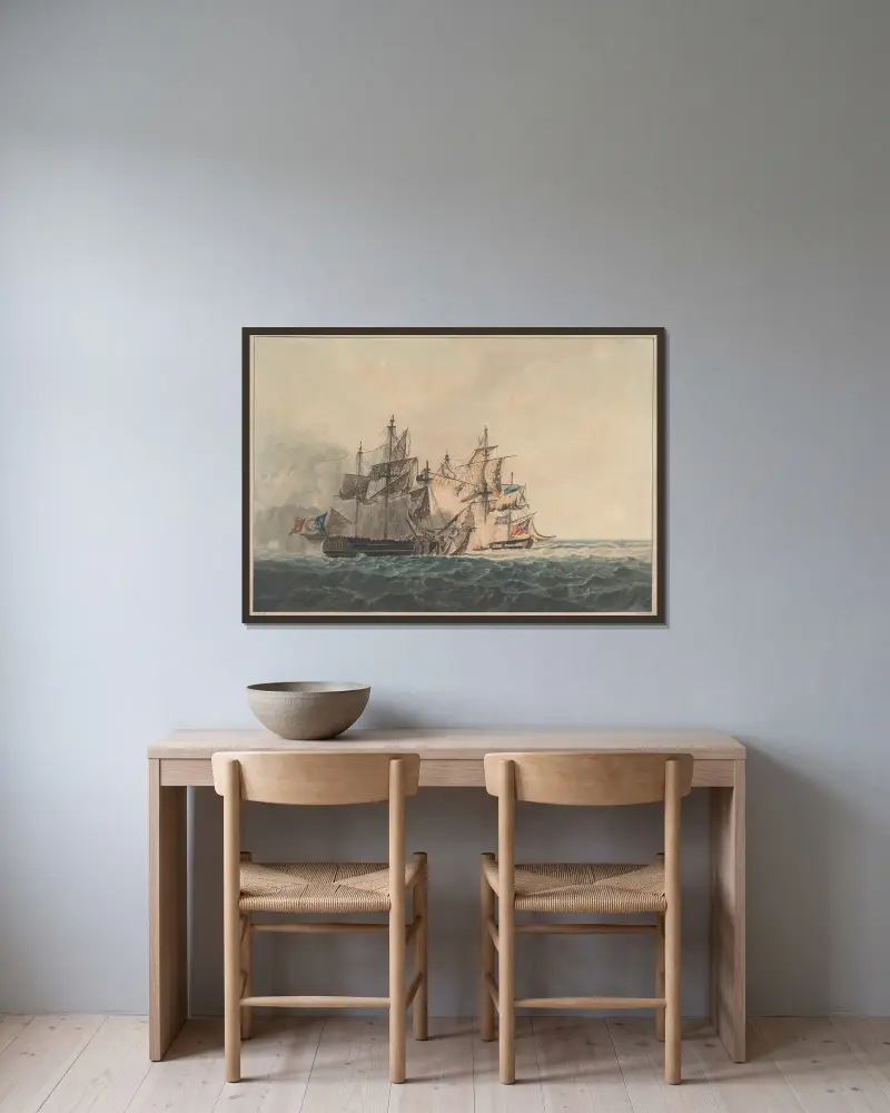 The Action between his Majesty’s Sloop ‘Bonne Citoyenne’ and the French Frigate ‘La Furieuse’ av William Daniell inramad på en vägg