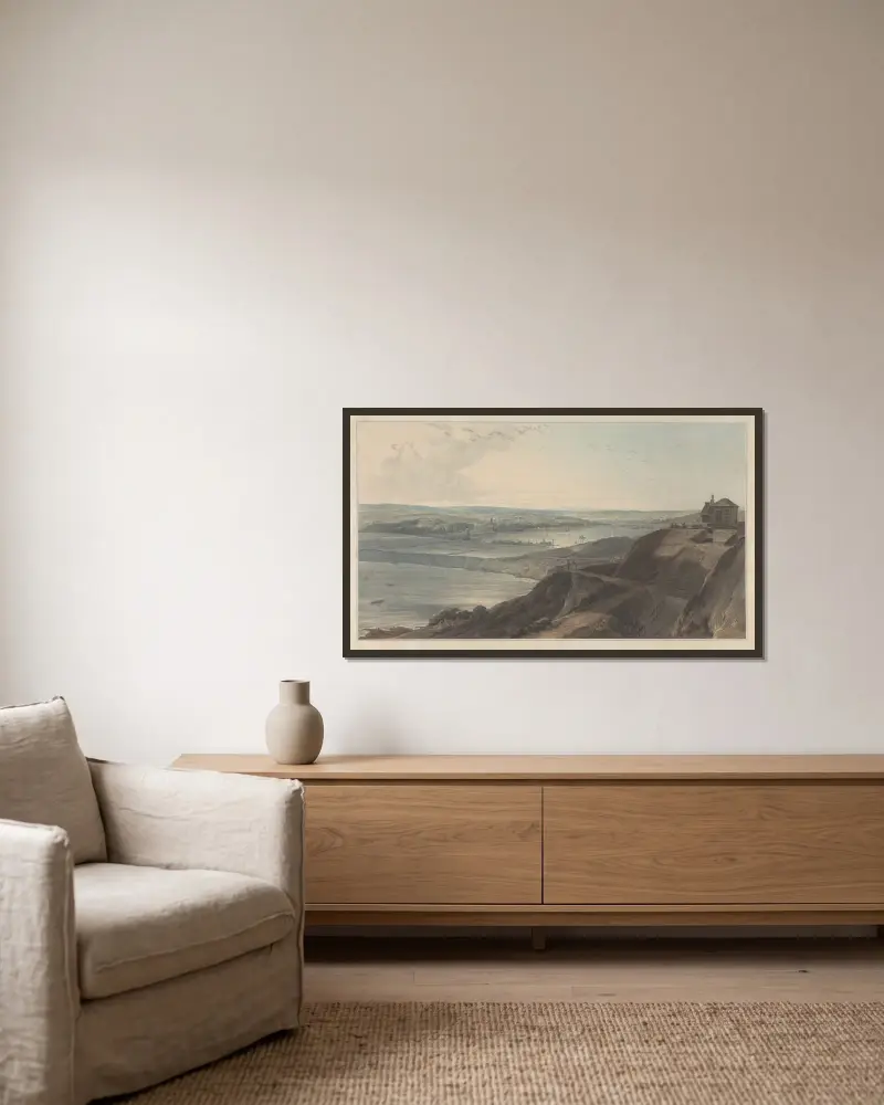 Utsikt över staden och en del av hamnen i Falmouth från Pendennis Castle, Cornwall av William Daniell inramad på en vägg