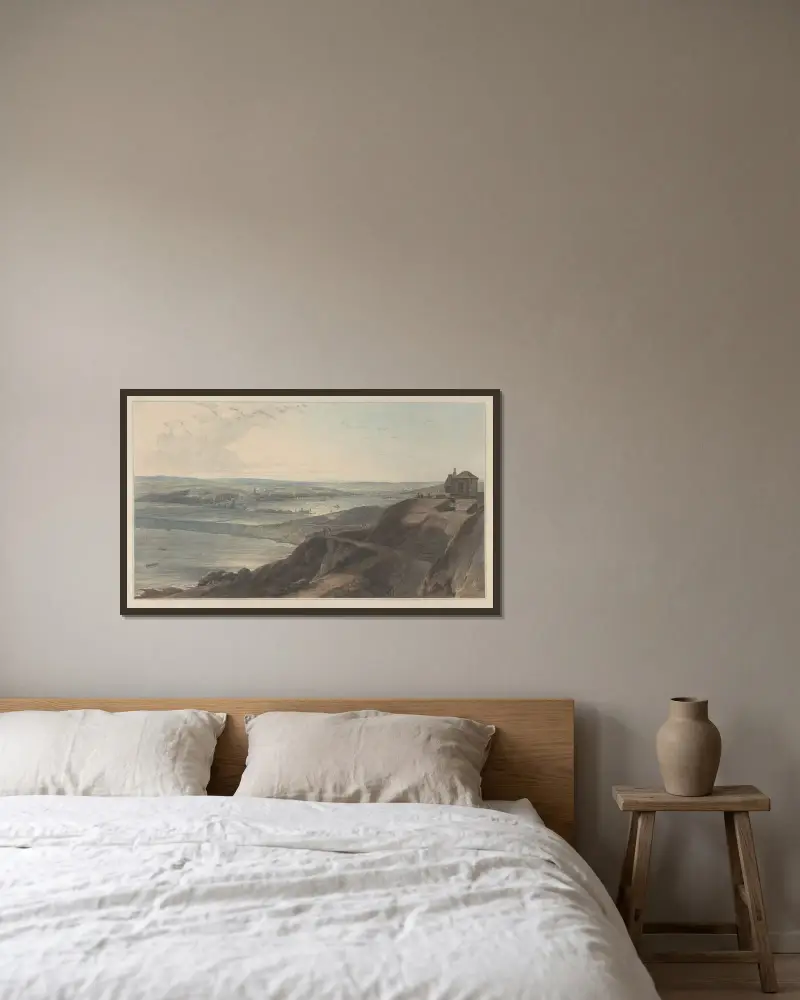Utsikt över staden och en del av hamnen i Falmouth från Pendennis Castle, Cornwall av William Daniell inramad på en vägg
