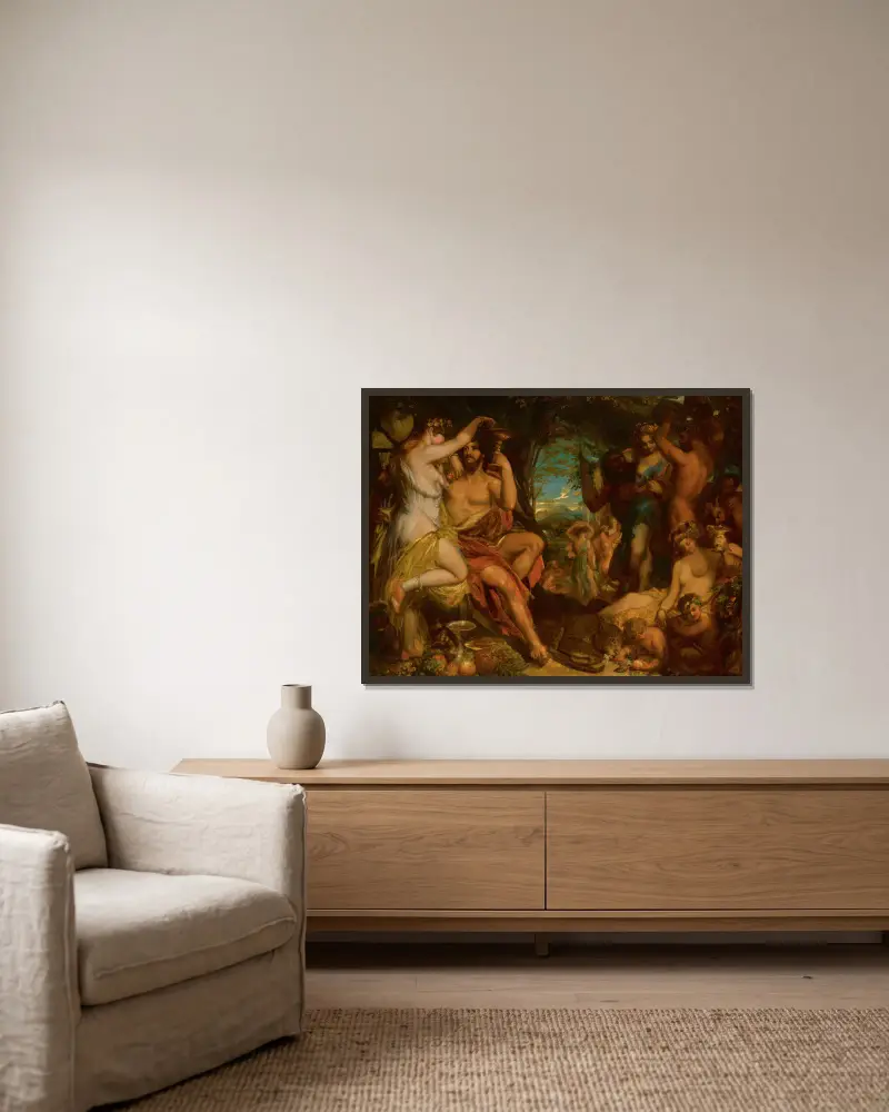A Bacchanalian Revel av William Etty inramad på en vägg