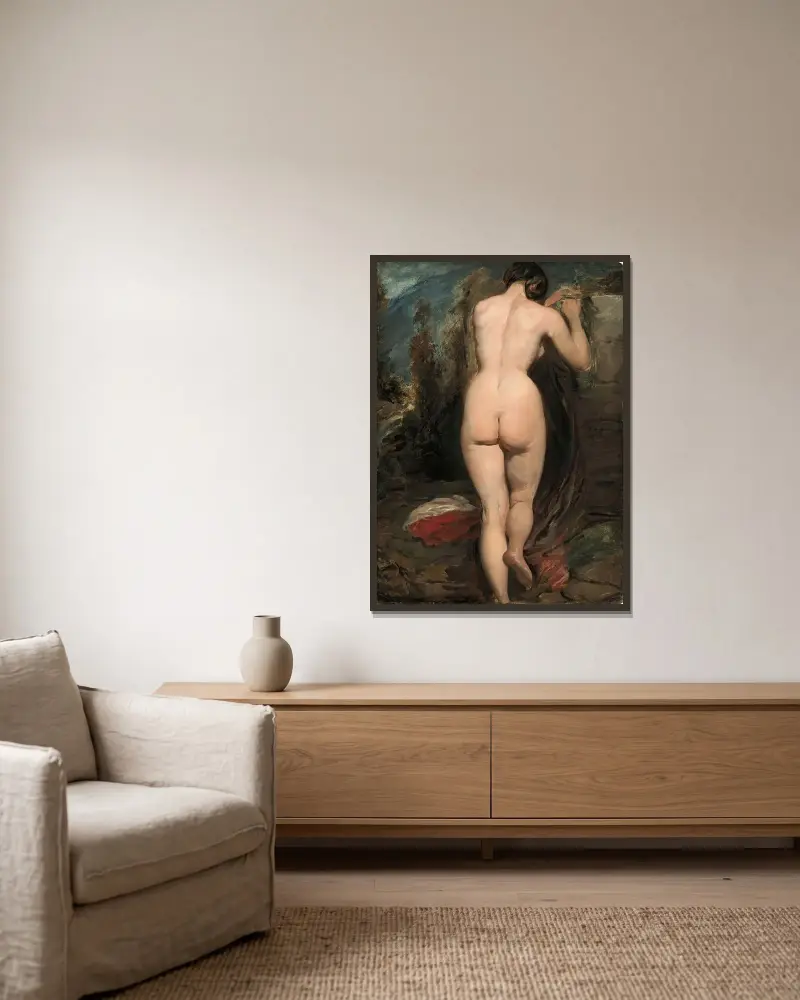 Kvinnlig nakenstudie, sedd bakifrån av William Etty inramad på en vägg