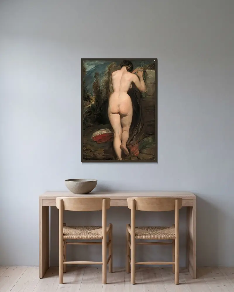 Kvinnlig nakenstudie, sedd bakifrån av William Etty inramad på en vägg